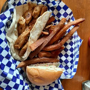 Jimmy Burger (half) and fries and chicken fajita taco