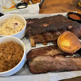 Brisket and Ribs Combo with baked beans, coleslaw, corn bread and whipped cinnamon honey butter