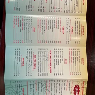 Menu, dinner combos