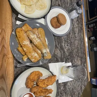 Homemade chicken strips, zucchini, crab cakes and perogies.  Very tasty!  We will return!
