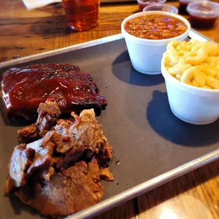 2 meats - brisket and ribs with 2 sides - baked beans and mac &amp; cheese