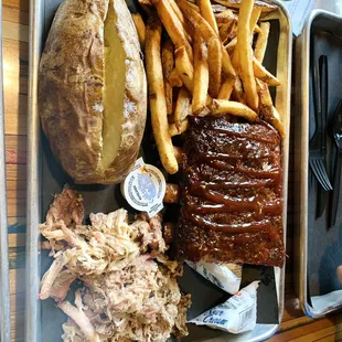 Grilled ribs, pork, grilled potato