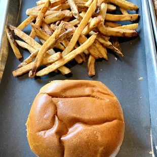 Pork sandwich, fries