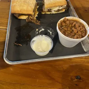 Roast beef, horseradish, baked beans