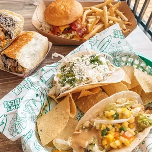 Tacos, burrito, burger