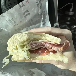 #9 used to have so much stuff! Barely any lettuce. Tomato is thick in the photo but they were very small didn&apos;t cover the sandwich