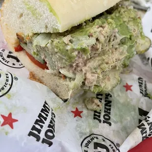 Tuna sandwich with avocado, every possible veggie, and Jimmy's mustard.