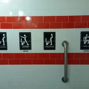 a bathroom with red and white tile