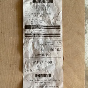 a drive thru receipt