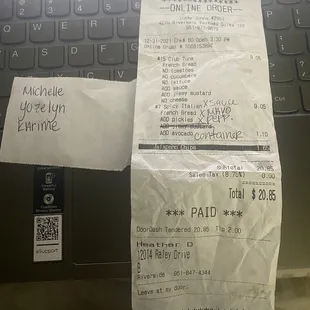 Receipt and names that they wrote down with no identification other than Karime