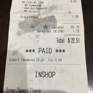 the receipt for the restaurant