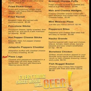 a menu for appetizers