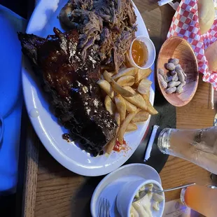 1/2 rack ribs, pulled pork with fries and Mac and cheese