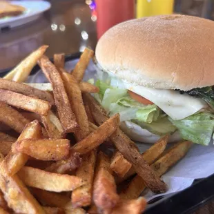 Chicken and spinach sandwich and fries. Fries were soggy and way over salted. My lips are still swollen...