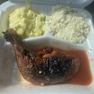 Overcooked, dull BBQ Chicken - potato salad and Cole slaw were average at best