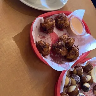 Mac and Cheese, bacon &amp; cheddar tots, pretzel bites with beer cheese