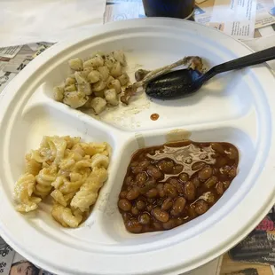 Baked beans, mac &amp; cheese, and potato with garlic butter