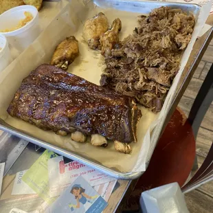 Ribs, chicken, wings, pulled pork brisket
