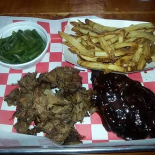 Two meat platter (ribs and brisket!!!) I was too late for the parsley potatoes so I settled for green beans and fries. Yum!