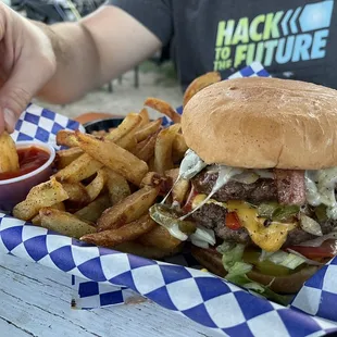 a hamburger and fries