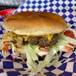 Burger with grilled onions, Mayo, lettuce and tomato.  ¡ESO!