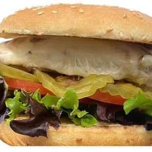 a chicken sandwich with lettuce and tomatoes