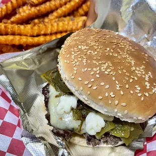 Green Chilli Burger (Hot Version) w/Sweet Potato Fries