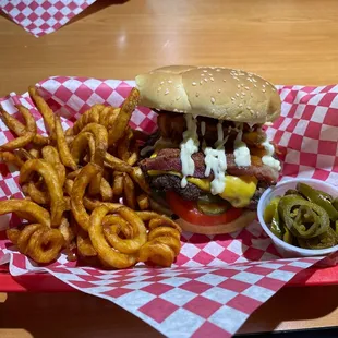 Bacon Cheese Burger Combo with grilled jalapeños on the side.