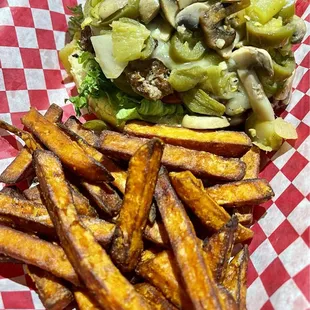 Green Chilli Burger (Hot Version) + mushrooms with Sweet Potato Fries