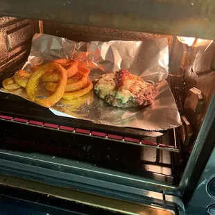 Reheating both items. Notice the bacon.