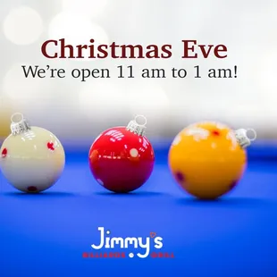 Happy holidays! 

YES we are open today from 11 am to 1 am. 

Looking forward to seeing you at Jimmy's!
