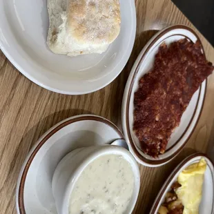 Corned beef hash, biscuit with a side of gravy