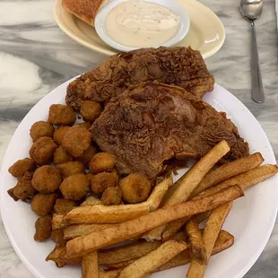 Fried pork chops, okra, and fries. This was great!