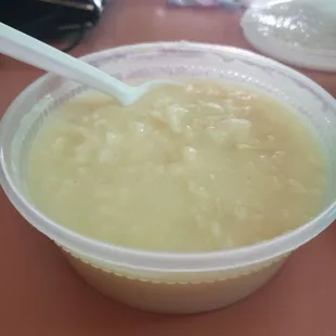 Lemon rice soup. It's lacking in flavor, needs more lemon, and less thickening agent.
