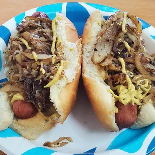 Hot dogs grilled onions and kraut, get this.
