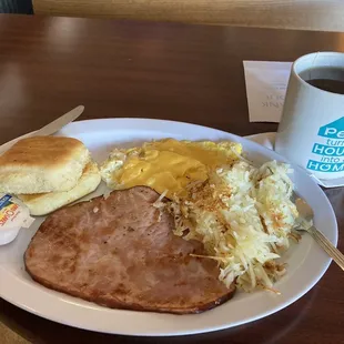 Ham, eggs, biscuits and hash browns