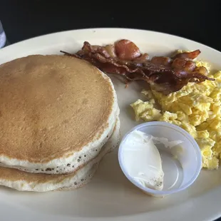 Pancakes eggs and bacon