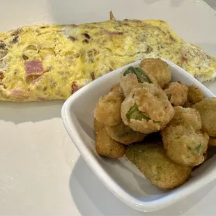 Meats omelette and fried okra