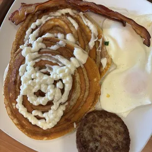 Cinnamon roll pancakes and eggs