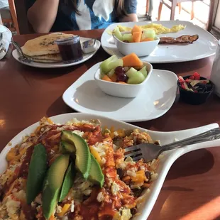 Sante fe skillet. And egg,bacon with pancakes breakfast.