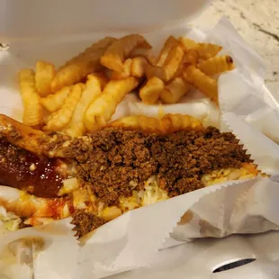 Chili dog and fries.