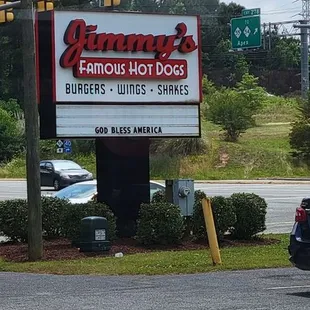 a sign for jimmy&apos;s famous hot dogs