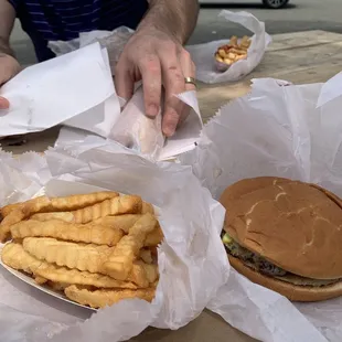 a hamburger and fries