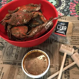 Hard shell crabs, newsprint, mallets, crab soup and seasoning.