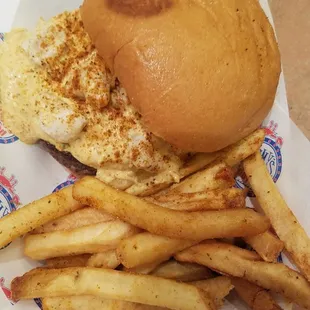 Burger topped with crab dip