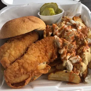 Grouper Sandwich and Crabby Fries $16