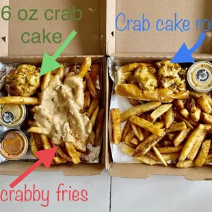 two boxes of crab cakes and crab cakes