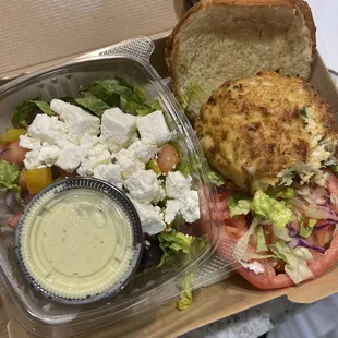 Crab cake sandwich w/Greek salad