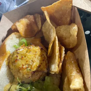 Crab cake rolls and chips