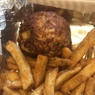 Famous crab cake comes with fries